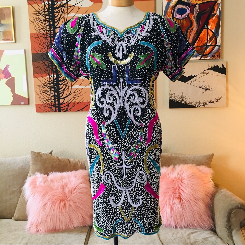Vintage Black Silk Beaded Sequined Dress